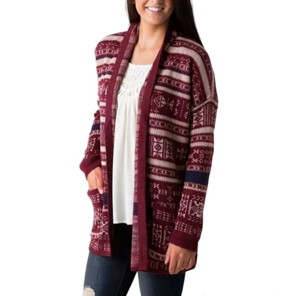 Billabong | Long Open Front Knit Cardigan Burgundy Aztec Pattern | XL - Picture 7 of 7